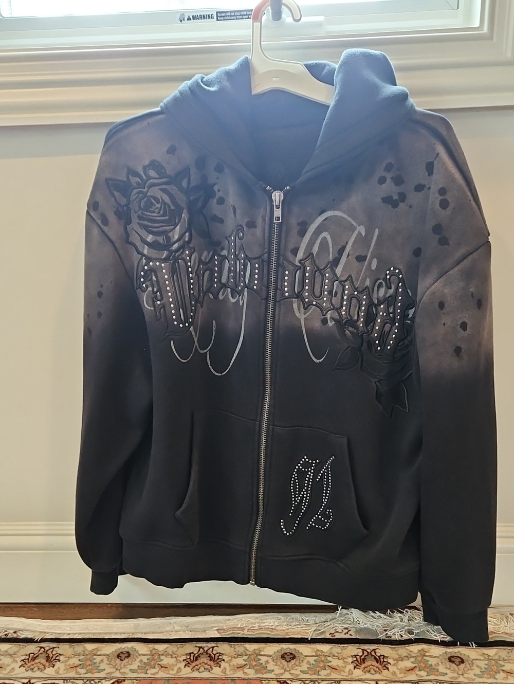Black Rose Embellished Zip Hoodie Jacket - Women